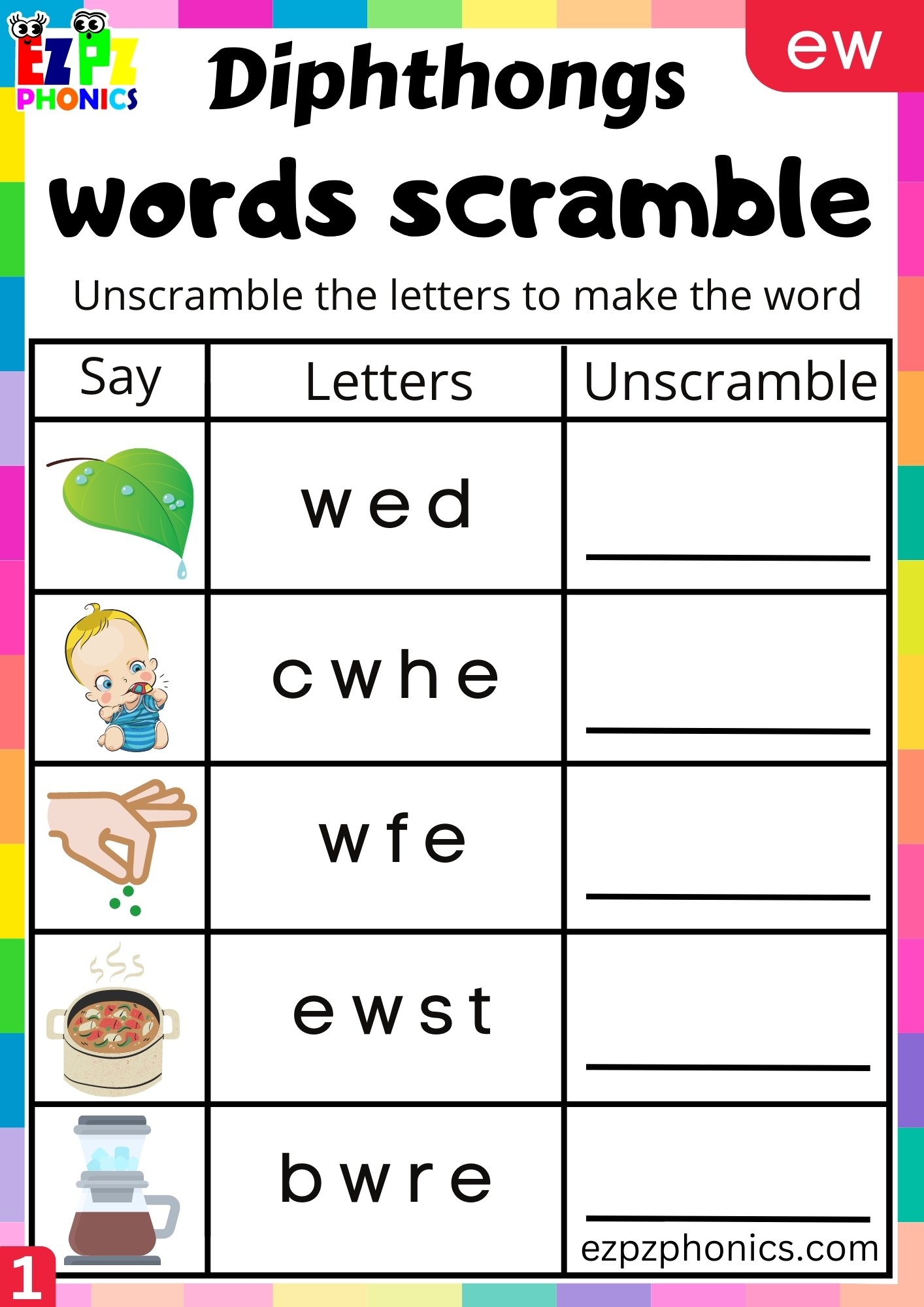 ew Diphthong Word Scramble Worksheet PDF Download